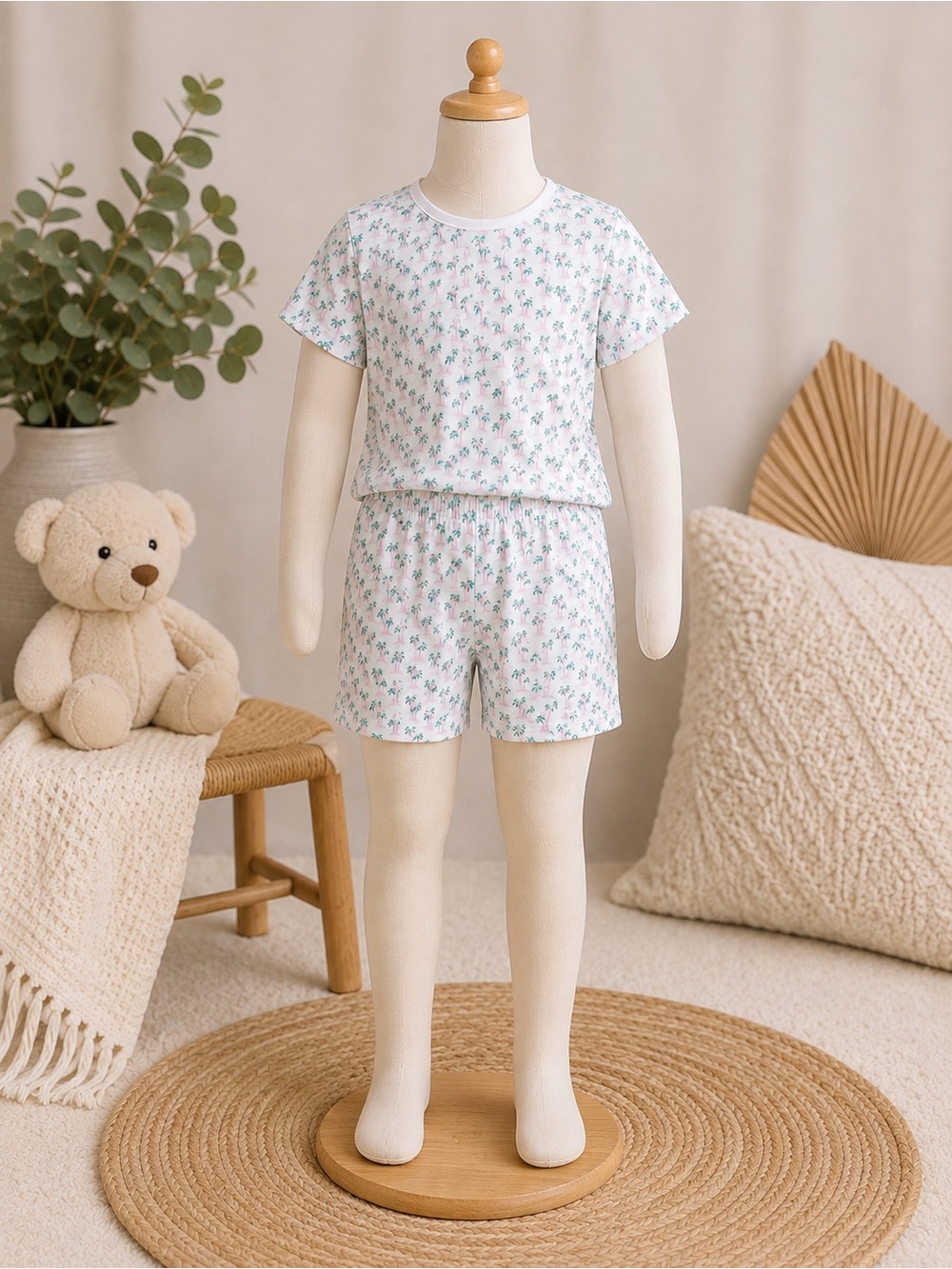 Lila And Hayes Emery Palm Tree Pink Two Piece Shorts Pajama Set NWT - Picture 2 of 5